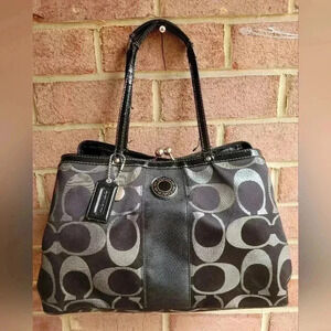 Coach Signature C Stripe Black/White/Gray Carryall F20427 Shoulder Bag Purse